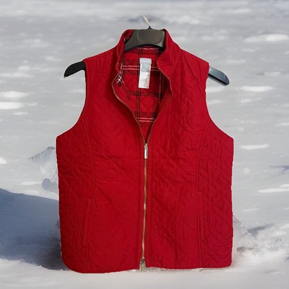 Chicos Quilted Vest-RED w/Plaid Lining, Gold Hardware-4 Pockets!, Sz 8/10, EUC - Picture 1 of 8